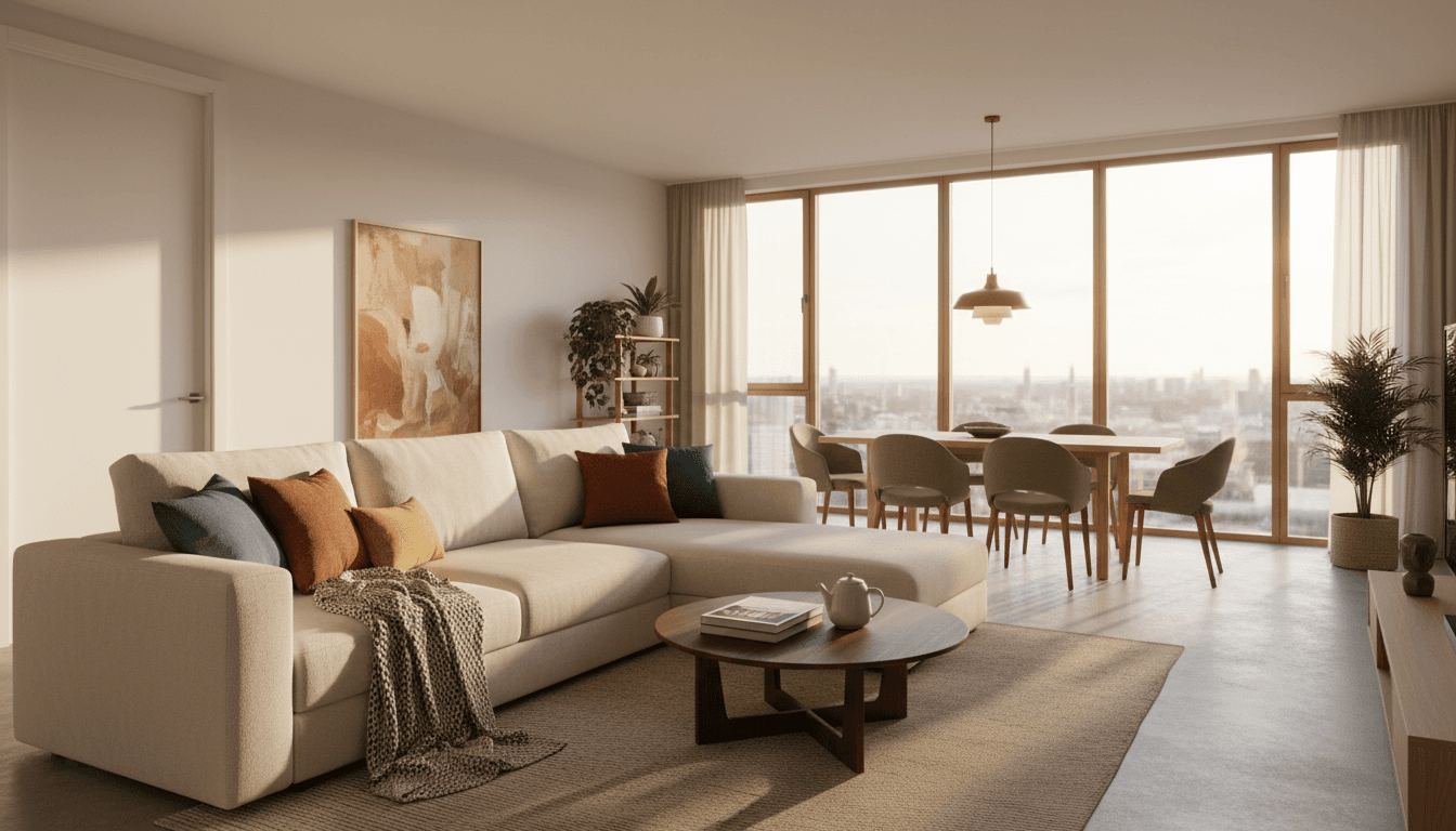 Bright, welcoming modern apartment interior with natural light and comfortable furnishings