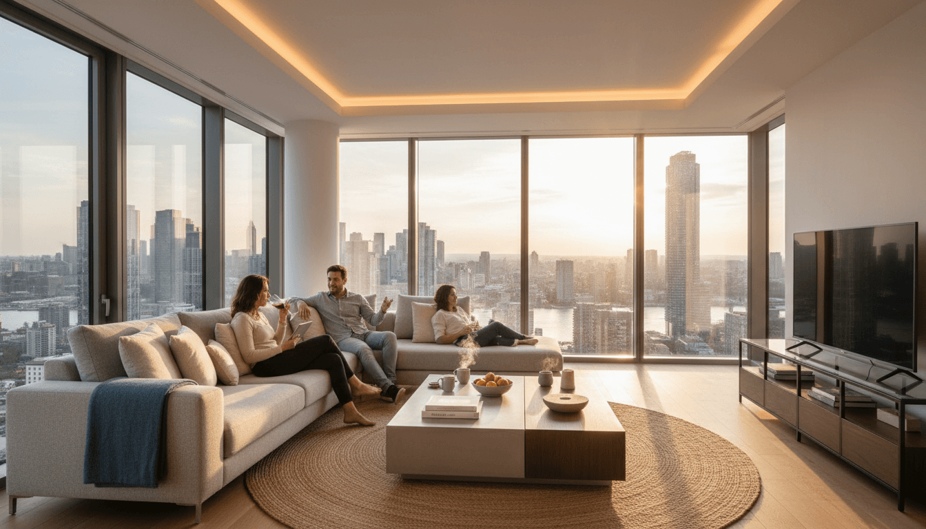 Comfortable modern apartment with guests enjoying the space