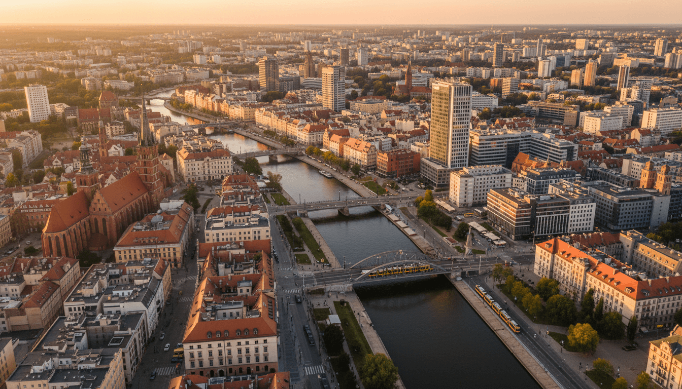Aerial view of Wroclaw skyline with historic buildings and river, during golden hour